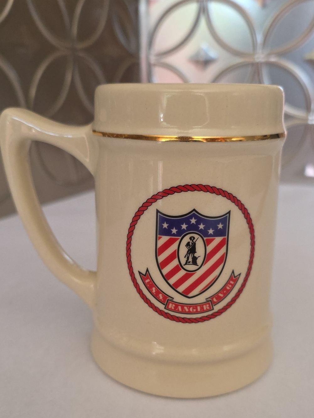 Vintage USS Ranger (CV-61) Ceramic Coffee Mug Gold Trim U.S. Navy